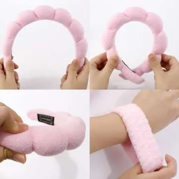 CUBACO 6PCS Spa Headband and Wristband Set - Makeup Headband, Wristbands, Hair Claw Clips, Pink Scrunchies for Women Skincare Non Slip Thick Hair Accessory for Face Washing, Mask, Skin Treatment