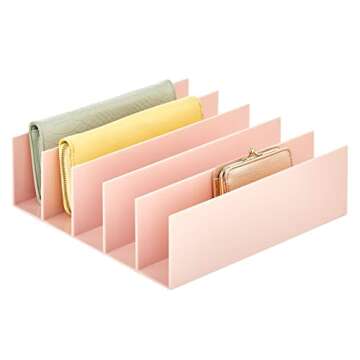 mDesign Plastic Purse Organizer for Bedroom Closet, Shelf Storage - Holds Woman's Purse, Hanging Bag, Zipper Handbag, Tote, Perfect for Space Saving, 5 Sections, Lumiere Collection - 2 Pack - Lt Pink