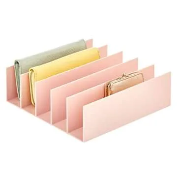 mDesign Plastic Purse Organizer for Bedroom Closet, Shelf Storage - Holds Woman's Purse, Hanging Bag, Zipper Handbag, Tote, Perfect for Space Saving, 5 Sections, Lumiere Collection - 2 Pack - Lt Pink