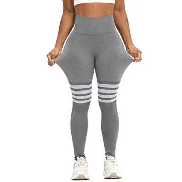 CFR Womens Gym Sport Workout Leggings for Women Seamless Yoga Pants High Waist Scrunch Butt Lifting Tummy Control #4 Booty Smile Contours Stripe Grey,S