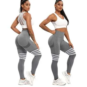 CFR Womens Gym Sport Workout Leggings for Women Seamless Yoga Pants High Waist Scrunch Butt Lifting Tummy Control #4 Booty Smile Contours Stripe Grey,S