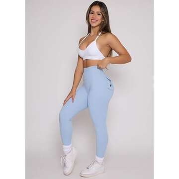Pchee Bum Workout Scrunch Butt Leggings with Pockets - High Waisted, Squat Proof, Seamless Lifting Compression, TikTok Yoga Pants with Tummy Control, Workout Booty Leggings for Gym (Baby Blue, Small)