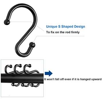 TOPROD Shower Curtain Hooks Rings, Stainless Steel S Shaped Shower Hooks Rust Proof, Metal Shower Curtain Hangers for Shower Curtains, Kitchen, Wardrobe & Garden, Matte Black, Set of 12