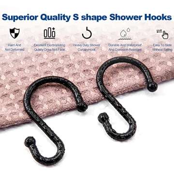 TOPROD Shower Curtain Hooks Rings, Stainless Steel S Shaped Shower Hooks Rust Proof, Metal Shower Curtain Hangers for Shower Curtains, Kitchen, Wardrobe & Garden, Matte Black, Set of 12