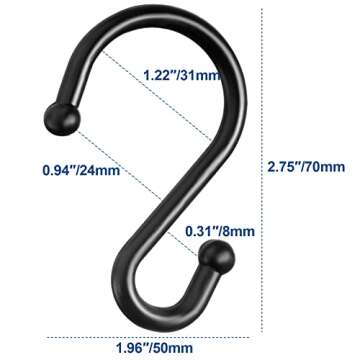 TOPROD Shower Curtain Hooks Rings, Stainless Steel S Shaped Shower Hooks Rust Proof, Metal Shower Curtain Hangers for Shower Curtains, Kitchen, Wardrobe & Garden, Matte Black, Set of 12