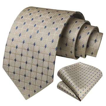 HISDERN Ties for Men Beige Checkered Tie with Pocket Square Polka Dots Business Formal Necktie Handk...