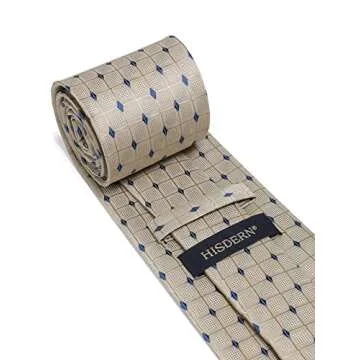 HISDERN Beige Checkered Tie with Pocket Square for Men