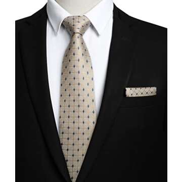 HISDERN Beige Checkered Tie with Pocket Square for Men