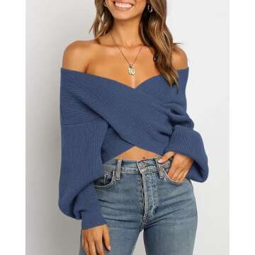 BTFBM Women Casual V Neck Long Sleeve Sweaters Cross Wrap Front Off Shoulder Asymmetric Hem Knitted ...