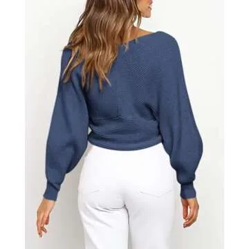 BTFBM Women Casual V Neck Long Sleeve Sweaters Cross Wrap Front Off Shoulder Asymmetric Hem Knitted Crop Solid Pullover (Solid Blue Grey, X-Large)