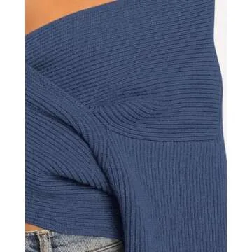 BTFBM Women Casual V Neck Long Sleeve Sweaters Cross Wrap Front Off Shoulder Asymmetric Hem Knitted Crop Solid Pullover (Solid Blue Grey, X-Large)