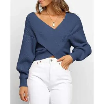 BTFBM Women Casual V Neck Long Sleeve Sweaters Cross Wrap Front Off Shoulder Asymmetric Hem Knitted Crop Solid Pullover (Solid Blue Grey, X-Large)