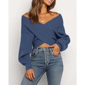 BTFBM Women Casual V Neck Long Sleeve Sweaters Cross Wrap Front Off Shoulder Asymmetric Hem Knitted Crop Solid Pullover (Solid Blue Grey, X-Large)