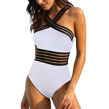 Mycoco Women's One Piece Swimsuit Crosscriss High Neck Bathing Suits Slim Swimwear White S/4-6