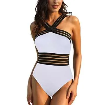 Mycoco Women's One Piece Swimsuit Crosscriss High Neck Bathing Suits Slim Swimwear White S/4-6