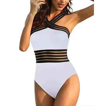 Mycoco Women's One Piece Swimsuit Crosscriss High Neck Bathing Suits Slim Swimwear White S/4-6