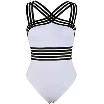 Mycoco Women's One Piece Swimsuit Crosscriss High Neck Bathing Suits Slim Swimwear White S/4-6