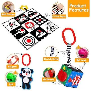 4 PCS Black and White High Contrast Baby Toys 0-3-6 Months Newborn Essential Montessori Toys for Babies Crinkle Sensory Book for Brain Development Tummy Time Mirror Infant Carseat Rattle 9 Month Gift