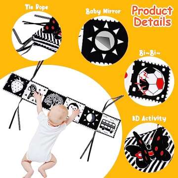4 PCS Black and White High Contrast Baby Toys 0-3-6 Months Newborn Essential Montessori Toys for Babies Crinkle Sensory Book for Brain Development Tummy Time Mirror Infant Carseat Rattle 9 Month Gift