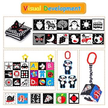 4 PCS Black and White High Contrast Baby Toys 0-3-6 Months Newborn Essential Montessori Toys for Babies Crinkle Sensory Book for Brain Development Tummy Time Mirror Infant Carseat Rattle 9 Month Gift