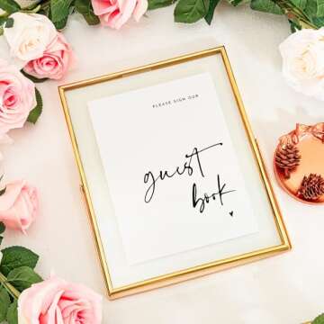 Calculs 'Please Sign' Clear Glass Gold Sign Holder, 8x10in Gold Glass Picture Frames Menu Holder for Wedding Party Table Sign