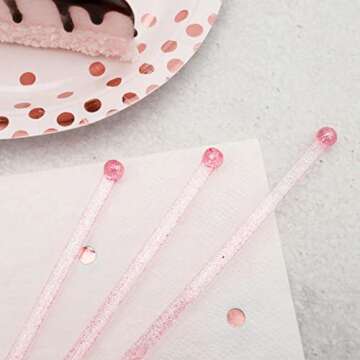 hapray 50-PCS Pink Glitter Plastic Swizzle Sticks, Crystal Cake Pops, Cocktail Coffee Drink Stirrers, Lolipop Stick, for Valentines Day Christmas Party, 7.24 Inch