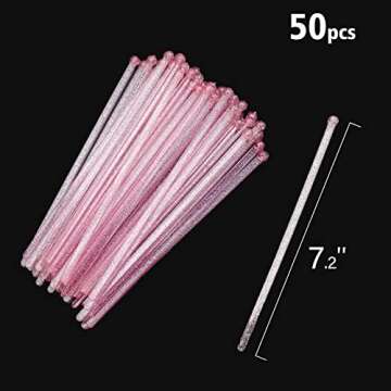 hapray 50-PCS Pink Glitter Plastic Swizzle Sticks, Crystal Cake Pops, Cocktail Coffee Drink Stirrers, Lolipop Stick, for Valentines Day Christmas Party, 7.24 Inch