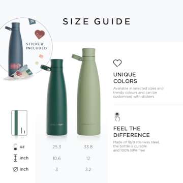 LARS NYSØM Stainless Steel Insulated Water Bottle 25oz 34oz | Insulated Thermo Flask for Hot and Cold Beverages | Leakproof Drinking Bottle (Pine Green, 1000ml)