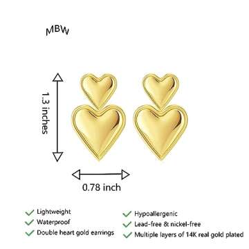 Gold Heart Earrings for Women, Trendy 14K Gold Plated/925 Silver Stud Earrings Cute Love Heart Earrings Lightweight Dangle Earrings Gold Jewelry for Women Girls Valentines Day Gift