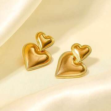 Gold Heart Earrings for Women, Trendy 14K Gold Plated/925 Silver Stud Earrings Cute Love Heart Earrings Lightweight Dangle Earrings Gold Jewelry for Women Girls Valentines Day Gift