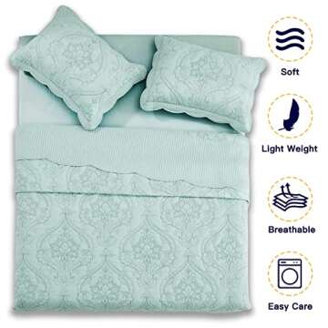 CHIXIN Bedspread Coverlet Set Queen Size - Lightweight Bedding Cover - Beautiful Stitching - 4 Piece Reversible Bedspread - Gorgeous Damask Paisley Pattern (Queen, Seaglass)