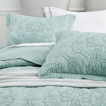 CHIXIN Bedspread Coverlet Set Queen Size - Lightweight Bedding Cover - Beautiful Stitching - 4 Piece Reversible Bedspread - Gorgeous Damask Paisley Pattern (Queen, Seaglass)