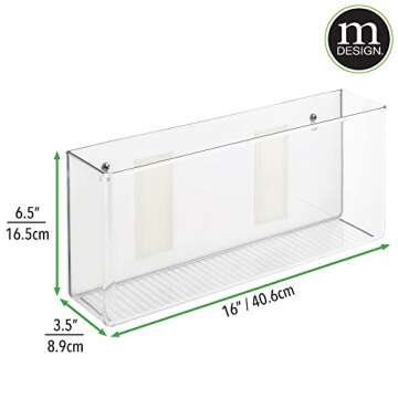 mDesign Plastic Adhesive Mount Storage Organizer Container for Kitchen or Pantry Wall Organization - Space Saving Holder for Sandwich Bags, Foil - 16" Wide - Ligne Collection - Clear