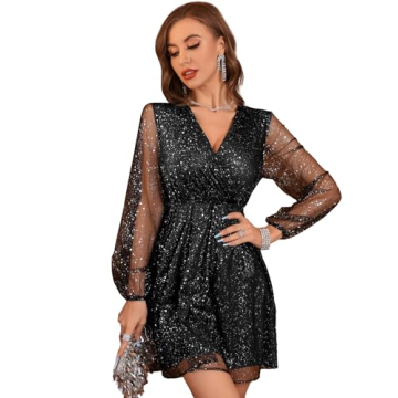 Floerns Women's Lantern Long Sleeve V Neck Mesh Cocktail Party Short Dress Without Belt Black Glitter XL