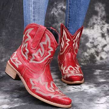 gloryinterest Cowboy Boots for Women Booties Ankle Cowgirl Western Boots Stitched Embroidered Pointed Toe Short Chunky Classic Brown Red Blue US6-10.5, red, 41