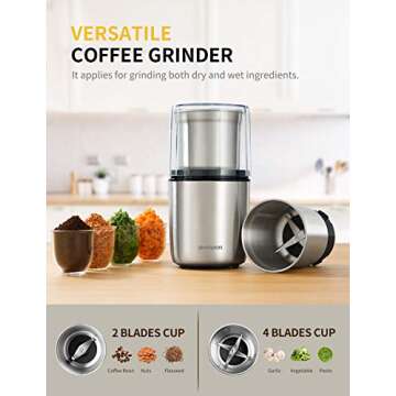 SHARDOR Coffee Grinder Electric Herb/Wet Grinder for Spices and Seeds with 2 Removable Stainless Ste...