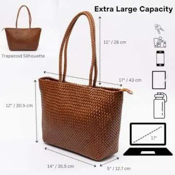 BOHIQ Large Leather Tote Bag for Women - Premium Quality Woven Leather Handbag with Superior Zipper Closure - Spacious Zipped Compartment and 2 Pockets - Light Brown