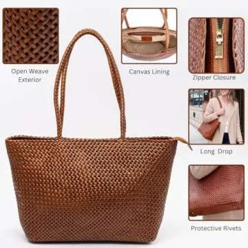 BOHIQ Large Leather Tote Bag for Women - Premium Quality Woven Leather Handbag with Superior Zipper Closure - Spacious Zipped Compartment and 2 Pockets - Light Brown
