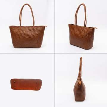 BOHIQ Large Leather Tote Bag for Women - Premium Quality Woven Leather Handbag with Superior Zipper Closure - Spacious Zipped Compartment and 2 Pockets - Light Brown