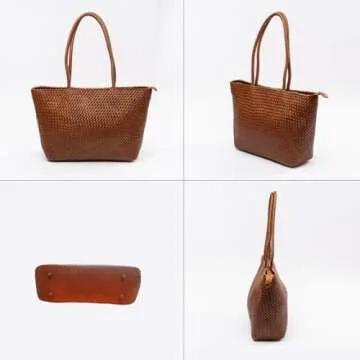 BOHIQ Large Leather Tote Bag for Women - Premium Quality Woven Leather Handbag with Superior Zipper Closure - Spacious Zipped Compartment and 2 Pockets - Light Brown