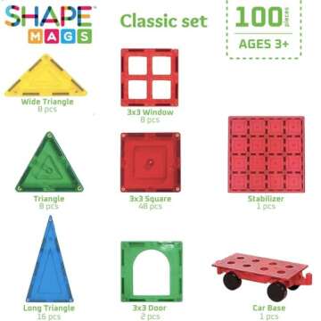Shapemags Magnetic Tiles for Kids 100 Piece Set - Educational 3D Magnetic Building Blocks for Toddlers - Construction Magnet Toys Kit with Car Base and Stabilizer Plate