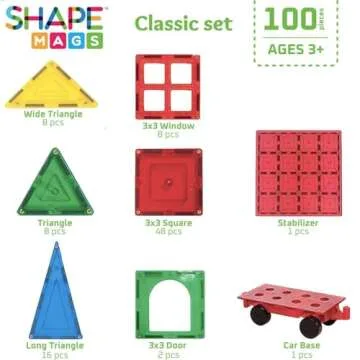 Shapemags Magnetic Tiles for Kids 100 Piece Set - Educational 3D Magnetic Building Blocks for Toddlers - Construction Magnet Toys Kit with Car Base and Stabilizer Plate