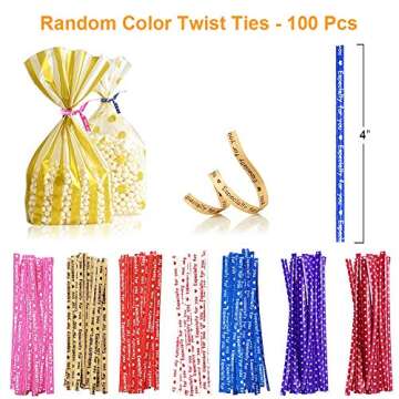 UUSHER Treat Bags with Ties, Gold Candy Favor Bags with 100 4 Inches Twist Ties Pretty Wrappings for Shower Birthday Wedding Gift Giving (Gold Striped and Polka Dot)
