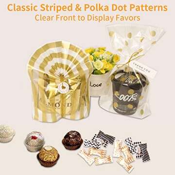 UUSHER Treat Bags with Ties, Gold Candy Favor Bags with 100 4 Inches Twist Ties Pretty Wrappings for Shower Birthday Wedding Gift Giving (Gold Striped and Polka Dot)