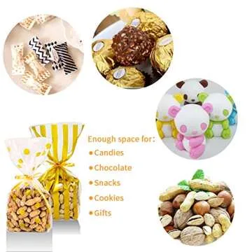 UUSHER Treat Bags with Ties, Gold Candy Favor Bags with 100 4 Inches Twist Ties Pretty Wrappings for Shower Birthday Wedding Gift Giving (Gold Striped and Polka Dot)