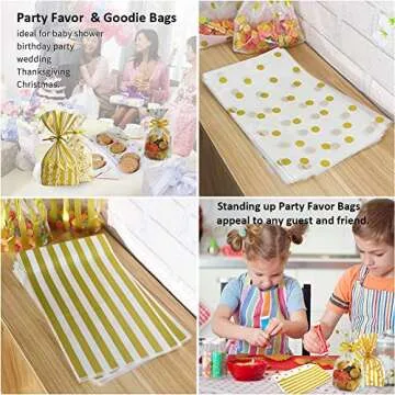 UUSHER Treat Bags with Ties, Gold Candy Favor Bags with 100 4 Inches Twist Ties Pretty Wrappings for Shower Birthday Wedding Gift Giving (Gold Striped and Polka Dot)