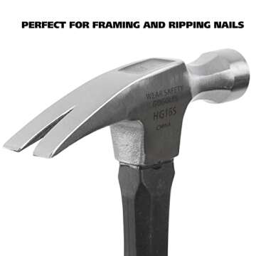 GreatNeck HG16S 16 Oz. Fiberglass Straight Claw Hammer, Carpenter & Contractor Tool for Framing, Bui...