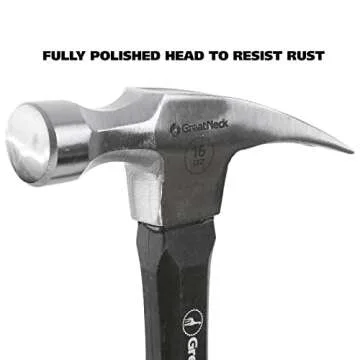 GreatNeck HG16S 16 Oz. Fiberglass Straight Claw Hammer, Carpenter & Contractor Tool for Framing, Building, & Ripping Nails, Durable Drop Forged Steel Hammer