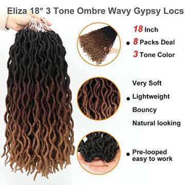 Eliza Wavy Gypsy Locs Ombre Crochet Hair 18" 8 Packs Synthetic Fibers for Women