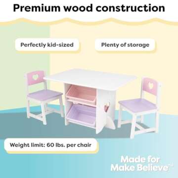 KidKraft Wooden Heart Table & Chair Set with 4 Storage Bins, Children's Furniture – Pink, Purple & White, Gift for Ages 3-8